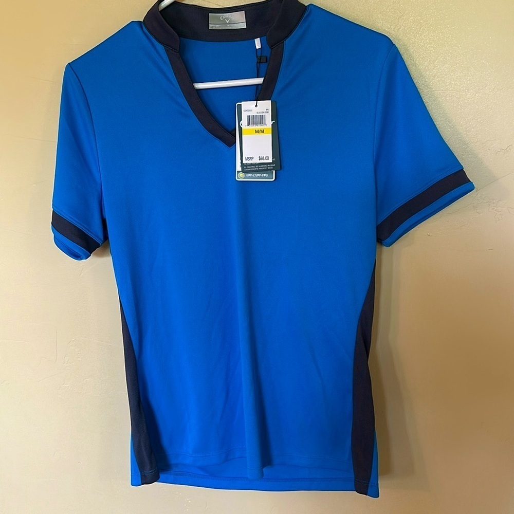 NWT Callaway Color Block Blue/Gray Mandarin Collar Golf Polo shirt Women’s Sz M